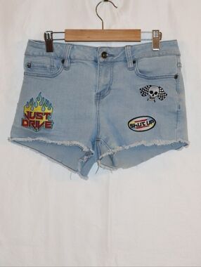 Blackheart Light Blue Distressed Drive Themed Denim Patch Shorts. Juniors 3.